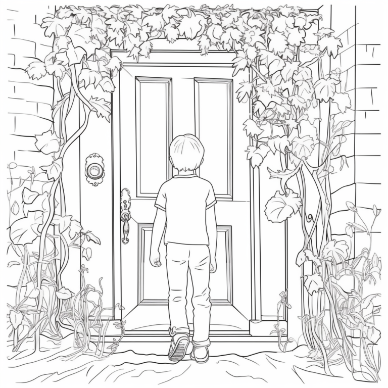 coloring book kid in front of a door