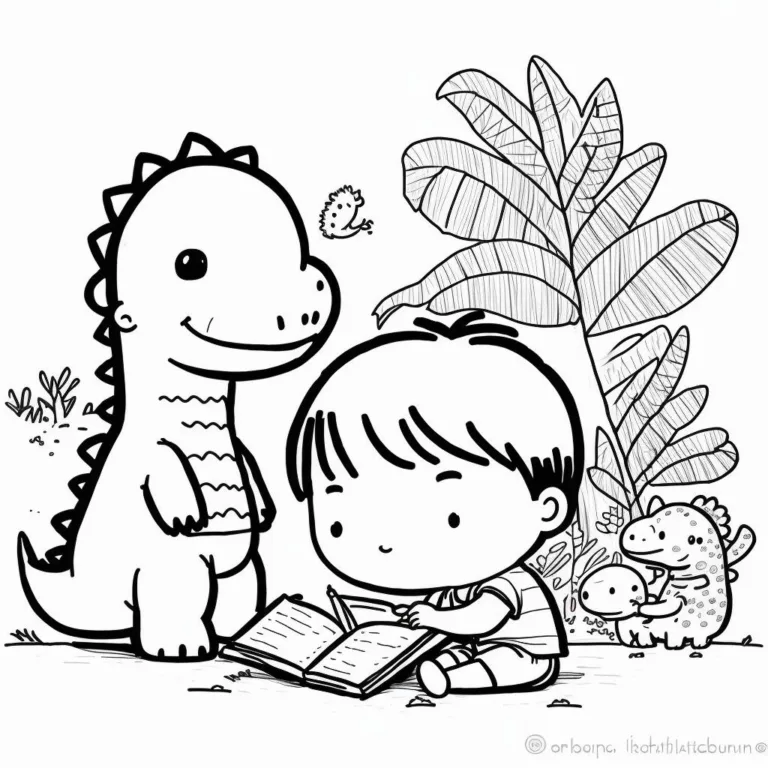a production ready flat coloring black and white drawing of Dinosaurs, a boy finds a newborn dinosaur, Children can color in various dinosaurs while reading about a journey back in time to the age of the dinosaurs, inspired by Leo Leuppi, reddit, sōsaku hanga, kawaii chibi, field journal line art, children's illustration, flat coloring